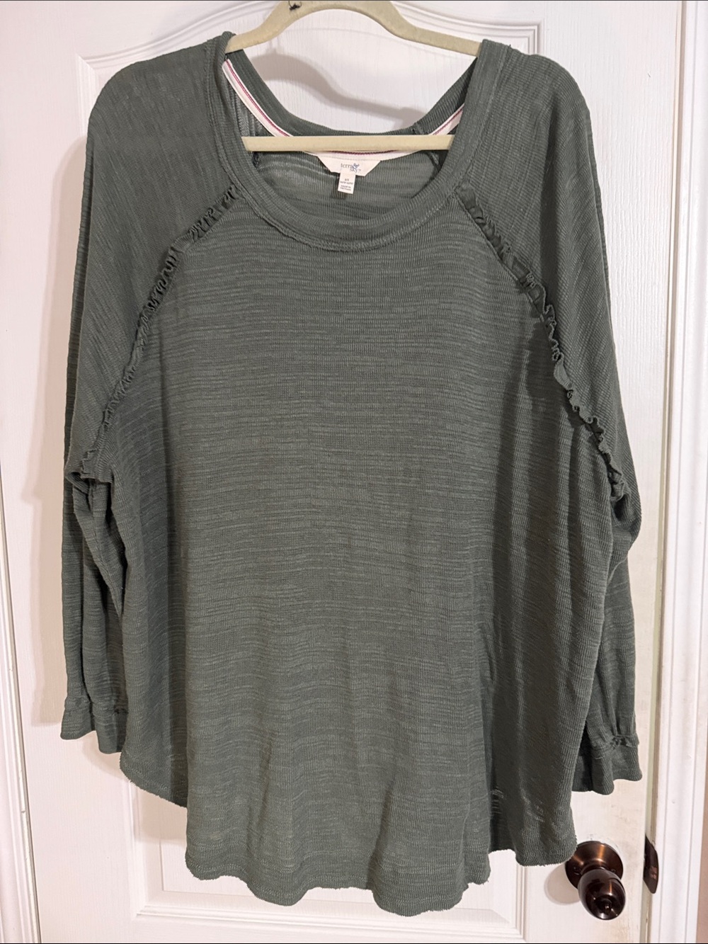 Terra & Sky Olive Green Ruffle-Trim Raglan Sweatshirt